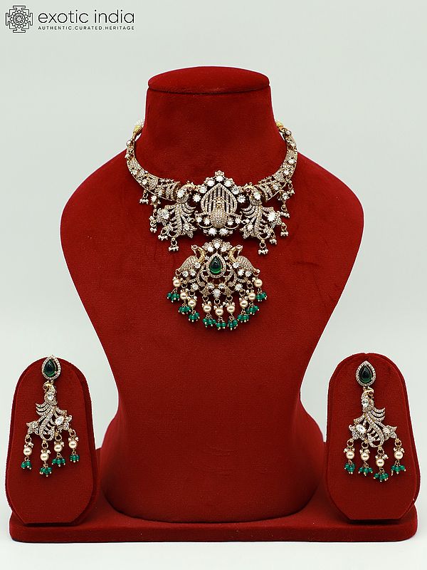 Exquisite Peacock Design Stone Studded Moissanite Kundan With Matt Polish Necklace With Earrings
