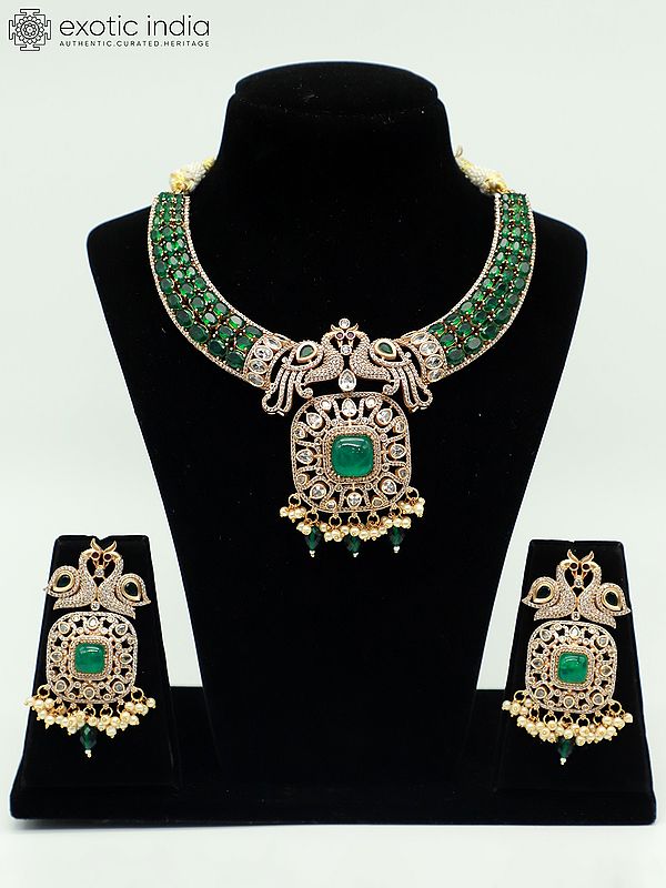 Peacock Motif Moissanite Kundan With Matt Polish Necklace Set With Ruby Stones And Pearl Drops