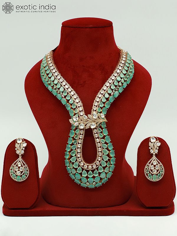 Long Floral Design Moissanite Kundan With Matt Polish Necklace With Teardrop Earrings