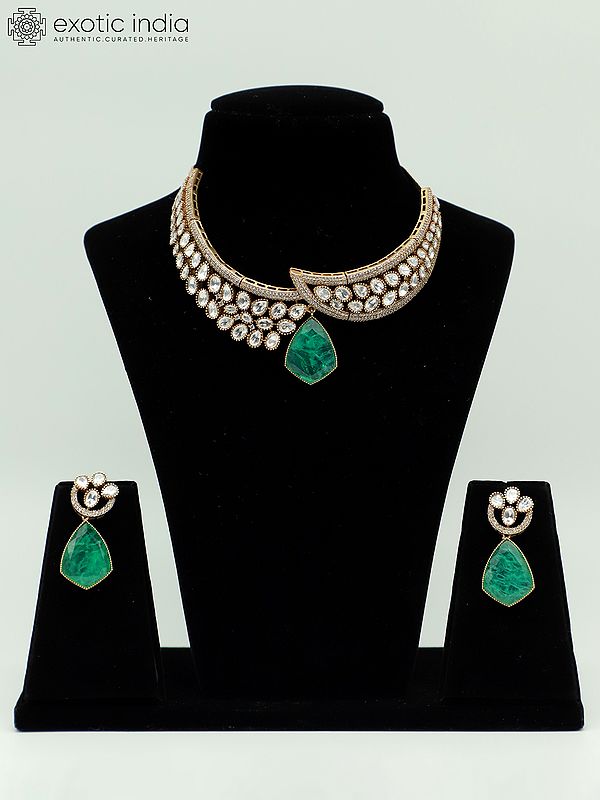 Studded Moissanite Kundan With Matt Polish Fancy Design Necklace With Beautiful Earrings