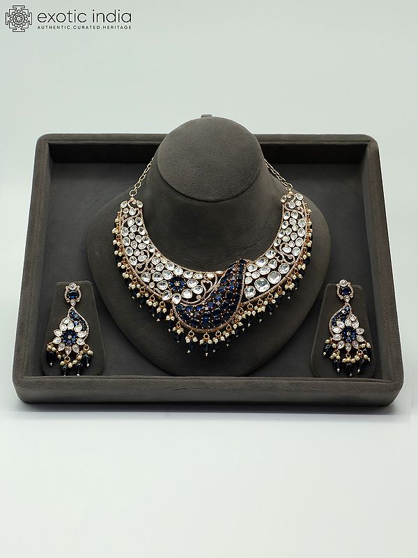 Stone Studded And Beaded Moissanite Kundan With Matt Polish Necklace With Floral Beaded Earrings