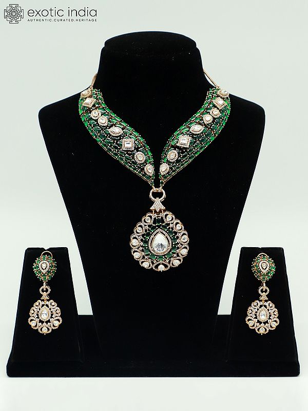 Stunning Moissanite Kundan With Matt Polish Stone Studded Necklace With Teardrop Earrings