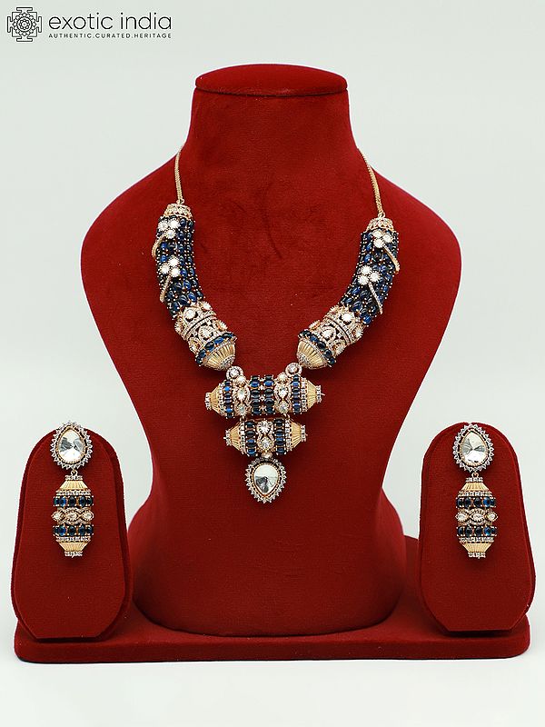 Traditional Design Moissanite Kundan With Matt Polish Stone Studded Necklace With Earrings