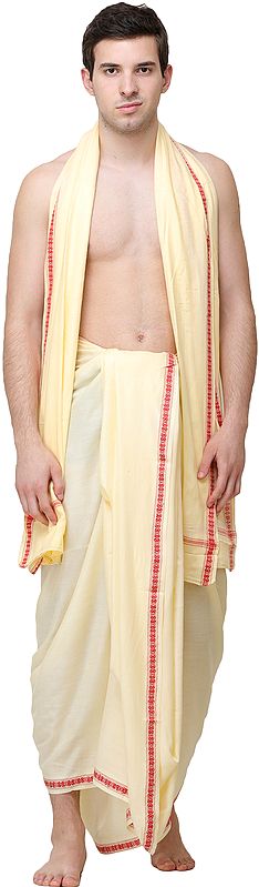 Afterglow Dhoti and Angavastram Set from Kashi with Woven Narrow Border