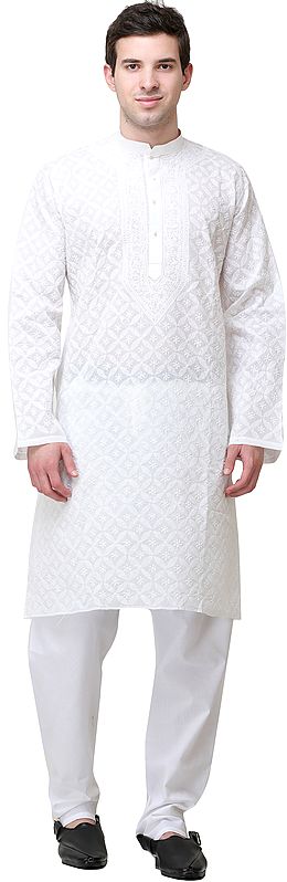 Ivory Casual Kurta Pajama Set with Lukhnavi Chikan Embroidery