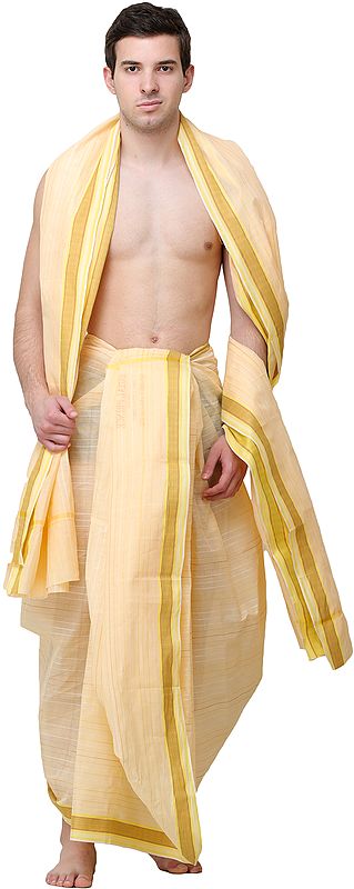 Golden-Fleece Plain Dhoti and Angavastram Set with Woven Stripes and Border