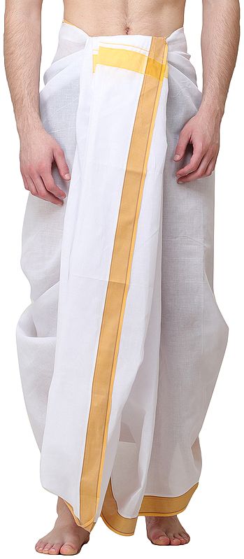 Lily-White Dhoti with Woven Yellow Striped Border
