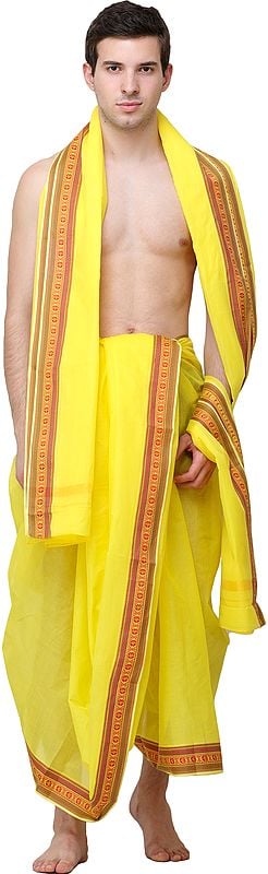 Buttercup Dhoti and Angavastram Set with Woven Floral Border in Multicolor Thread