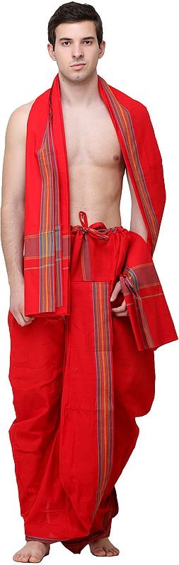 Plain Dhoti and Angavastram Set with Woven Multicolor Stripes (Ready to Wear)