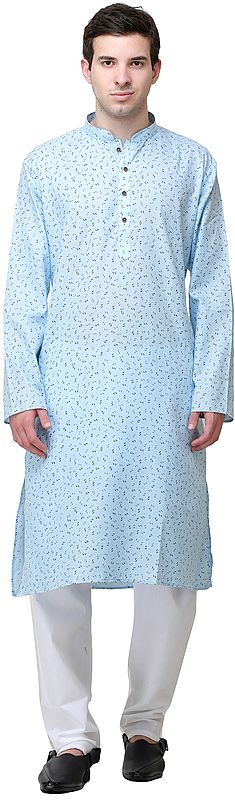 Sky-Blue Casual Kurta Pajama Set with Printed Leaves and Bootis