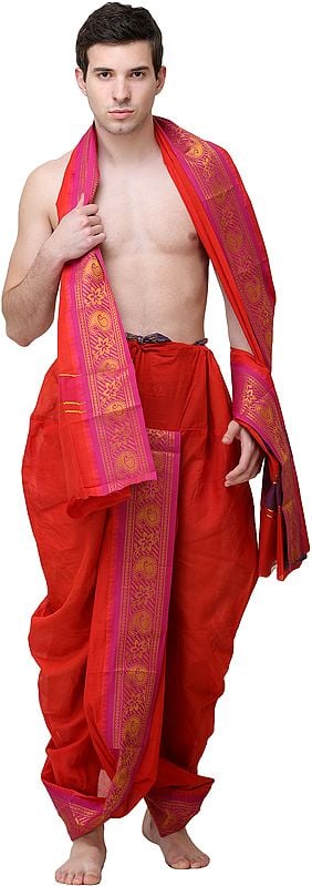 Mineral-red Ready to Wear Dhoti and Angavastram Set with Zari Woven Flowers and Paisleys