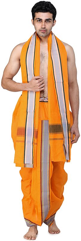 Ready to Wear Dhoti and Angavastram Set with Woven Floral and Bootis on Border