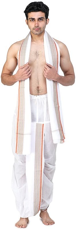 Ready to Wear Dhoti and Angavastram Set with Temple Border