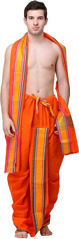 Vermillion Dhoti and Angavastram Set with Horse Cart and Florals Woven in Zari Thread