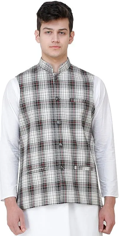 Black and White Waistcoat with Woven Checks and Front Pockets