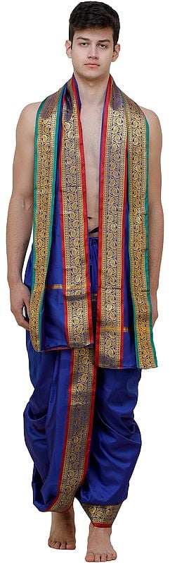 Ready to Wear Dhoti and Angavastram Set with Woven Golden Leaves Border