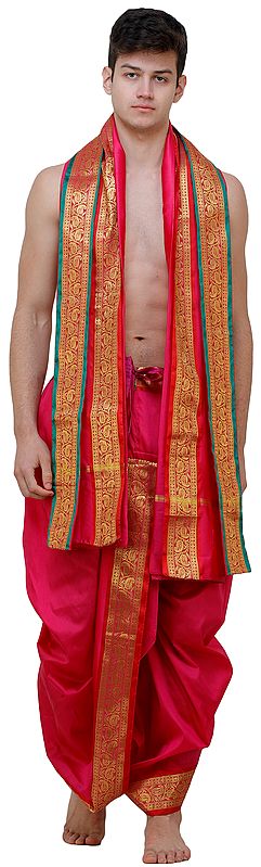 Ready to Wear Dhoti and Angavastram Set with Woven Golden Leaves Border