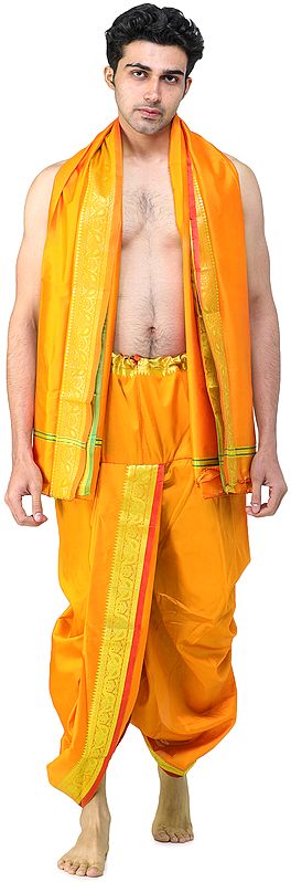 Ready to Wear Dhoti and Angavastram Set with Woven Golden Leaves Border