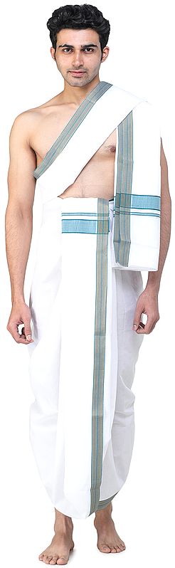 Plain Dhoti and Angavastram Set with Multicolored Thread Woven Border