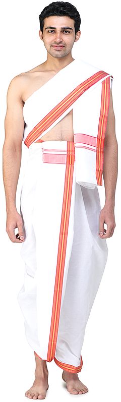Plain Dhoti and Angavastram Set with Multicolored Thread Woven Border