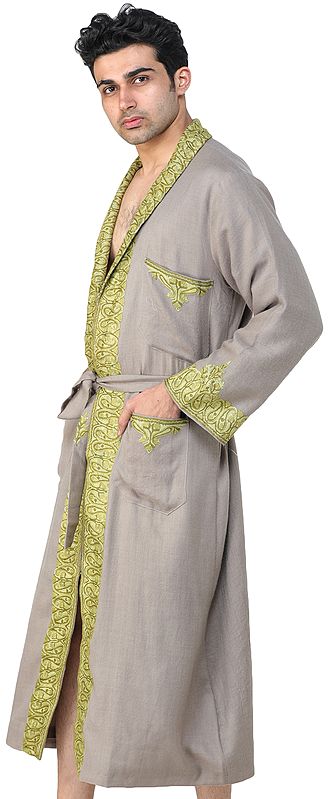 Kashmiri Robe with Aari Embroidered Paiselys and Florals | Exotic India Art