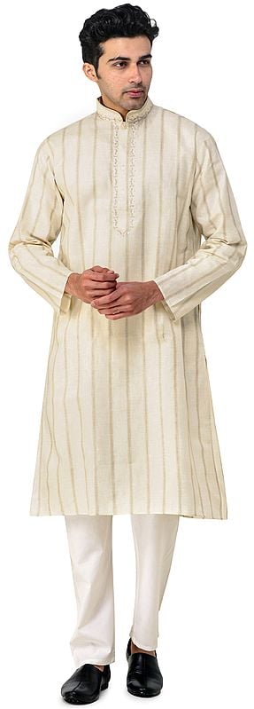Bleached-Sand Casual Kurta Pajama Set with Woven Stripes and Embroidery