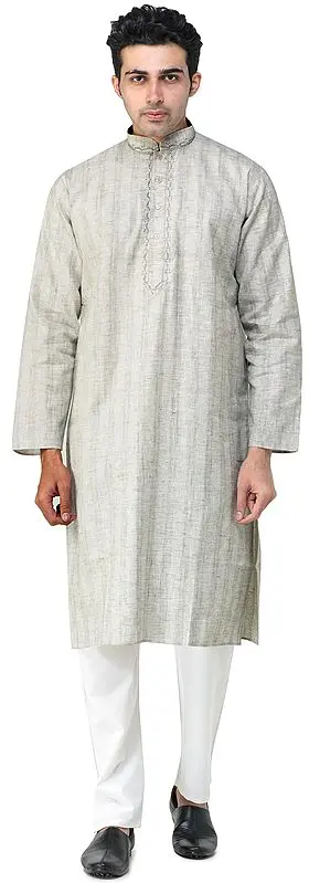 Silver-Birch Casual Kurta Pajama Set with Woven Stripes and Embroidery