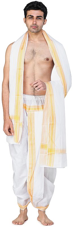 Amber-Yellow Ready to Wear Elasticated Dhoti and Angavastram Set with Woven Border