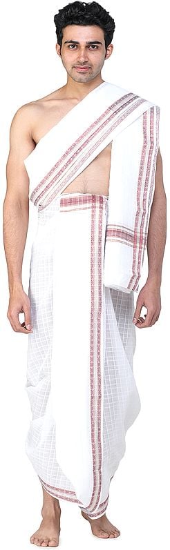 Self-Checks Dhoti and Angavastram Set with Multicolored Thread Woven Border