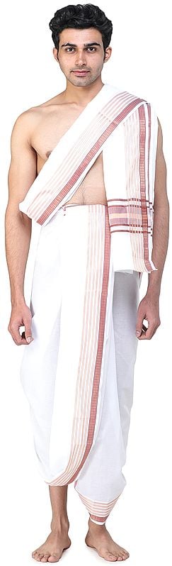 Plain Dhoti and Angavastram Set with Multicolored Thread Woven Stripes on Border