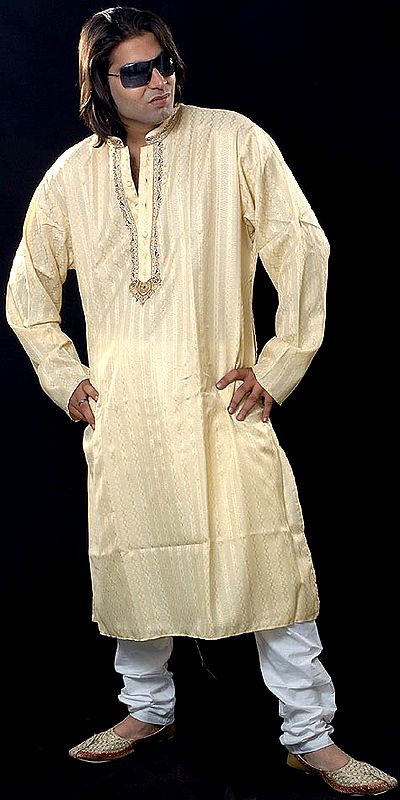 Almond-Oil Kurta Set with Golden Thread Weave and Embroidery on Button Palette