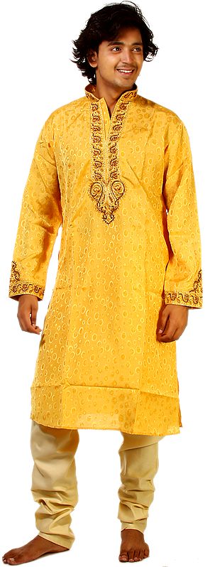 Apricot-Cream Kurta Pajama with Embroidery on Neck and All-Over Woven Bootis