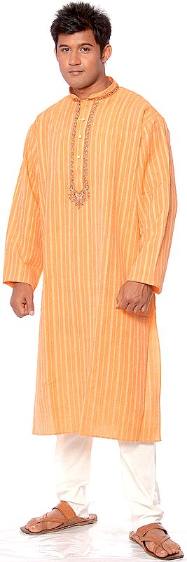Apricot-Orange Designer Kurta Pajama with Paisleys Embroidered on Neck and Woven Stripes