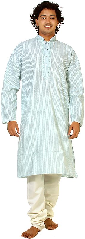 Aqua Kurta Pajama with Embroidery on Neck and Woven Stripes All-Over