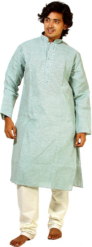 Aqua-Green Kurta Set with Embroidery on Neck and Woven Stripes All-Over