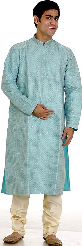 Aquamarine Brocaded Kurta Set with All-Over Woven Paisleys and Embroidered Sequins