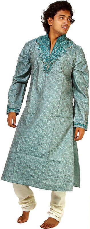 Aquatic-Blue Kurta Pajama with All-Over Woven Paisleys and Crystals on Neck