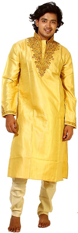 Aspen Gold-Yellow Kurta Pajama with Thread Work on Neck and All-Over Weave