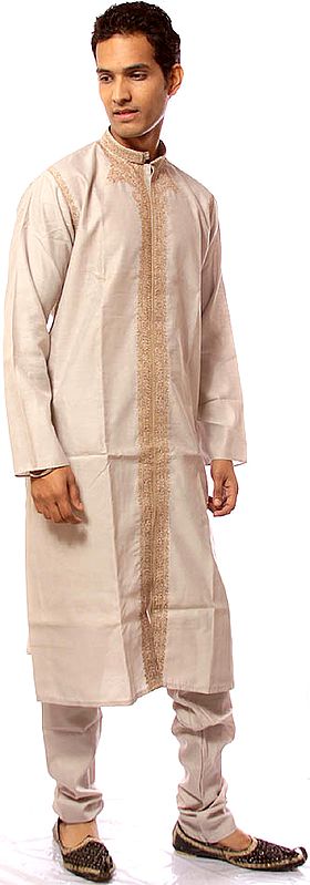 Plain-Gray Achkan with Intricate Embroidery on Front