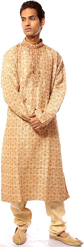 Khaki Kurta Pajama Set with All-Over Weave and Multi-Color Beadwork