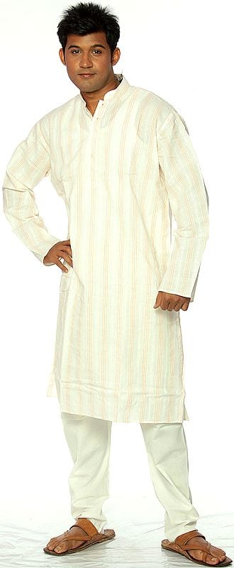 Ivory Khadi Kurta Pajama Set with Coral Stripes