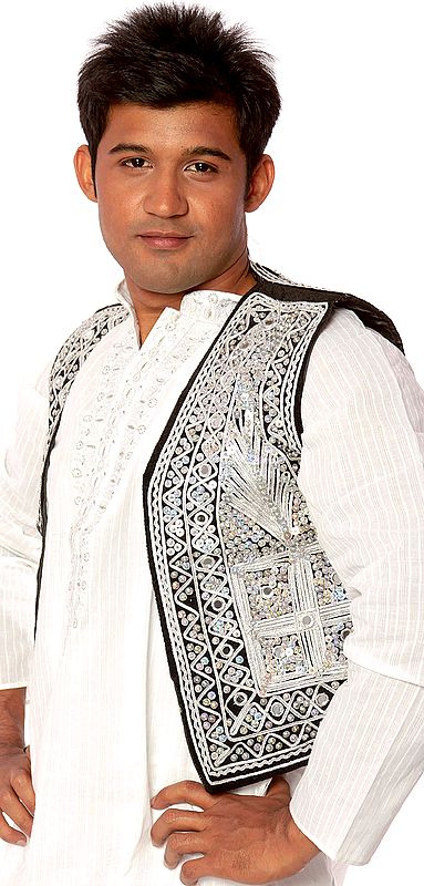Black Waistcoat from Afghanistan with Sequins Embroidered by Hand