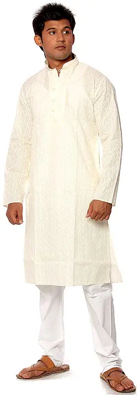 Cream Kurta Pajama with All-Over Embroidery
