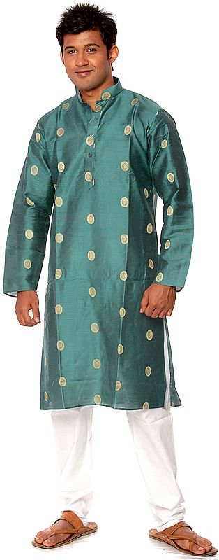 Teal-Green Kurta Pajama with Woven Bootis