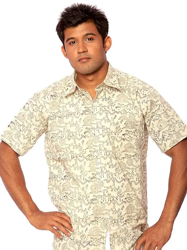 Ivory Khadi Shirt with Block-Printed Warli Motifs