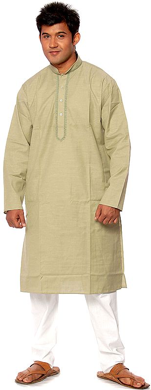 Camouflage-Green Kurta Pajama with Woven Stripes and Embroidery on Neck