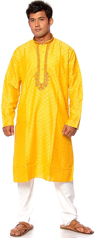 Mustard Kurta Set with Thread Weave and Embroidery on Button Palette