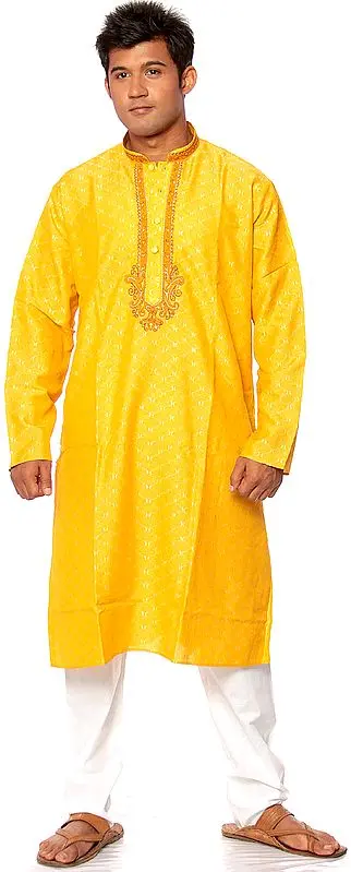 Mustard Kurta Set with Thread Weave and Embroidery on Button Palette