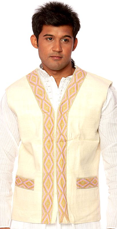 Ivory Khadi Waistcoat from Arunachal Pradesh with Weave on Border