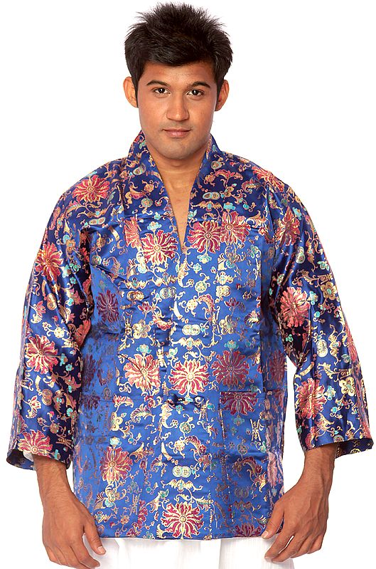 Royal-Blue Brocaded Jacket from Nepal with Woven Dharma Motifs